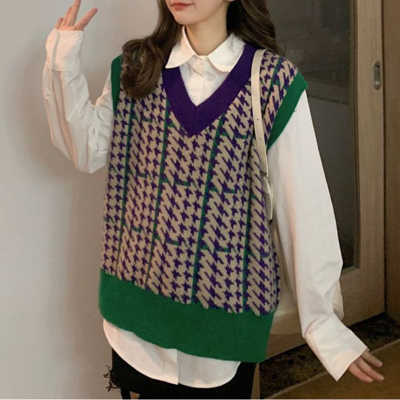 Sweater Vests Women Vintage V-neck Loose Preppy Style Chic Sleeveless Knitwear Casual All-match Students Autumn Korean Panelled alx