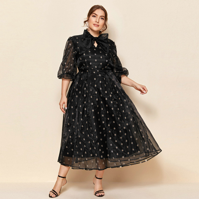 TOLEEN Plus Size Lady Dress With Big Bows 2022 Spring Floral Dot Black Women Midi Dresses Casual Elegant Outdoor Cute Clothing alx