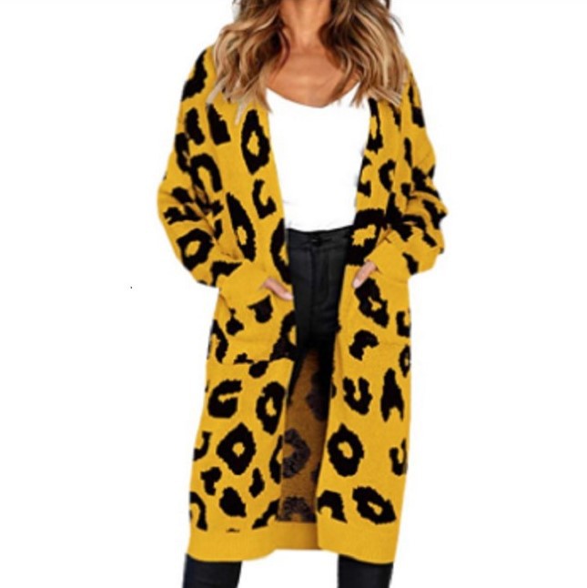 Women Open Front Long Sweater Cardigans Fashion Casual Loose Leopard Long Sleeve Knit Coats Autumn Outwear Jumper Khaki Green alx