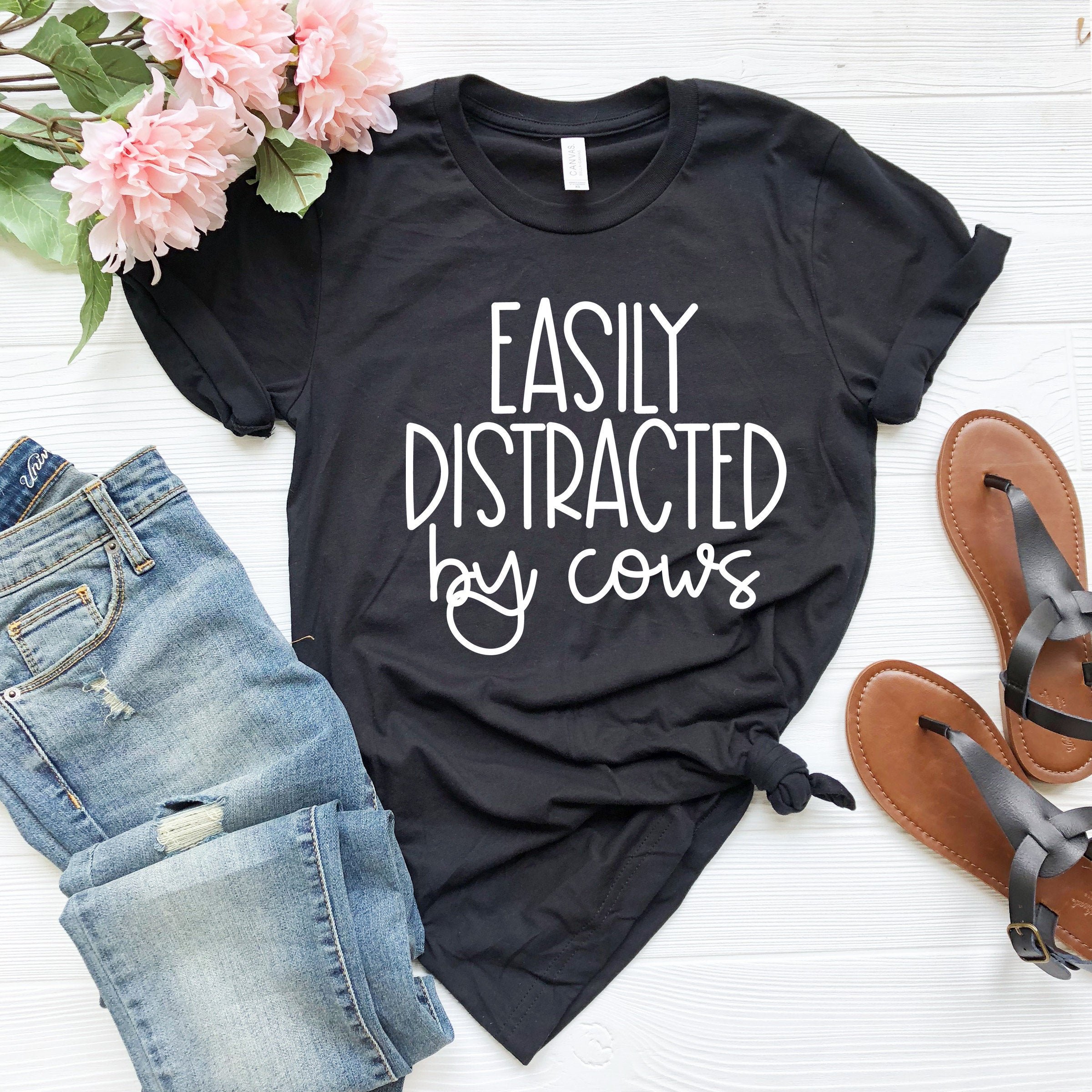 Easily Distracted By Cows Shirt, Funny Cow Tee, Cow Whisperer Tees ,Cow Mom Gift, Country Shirt, Dairy Farm, Cow Shirt, Farmer Shirt