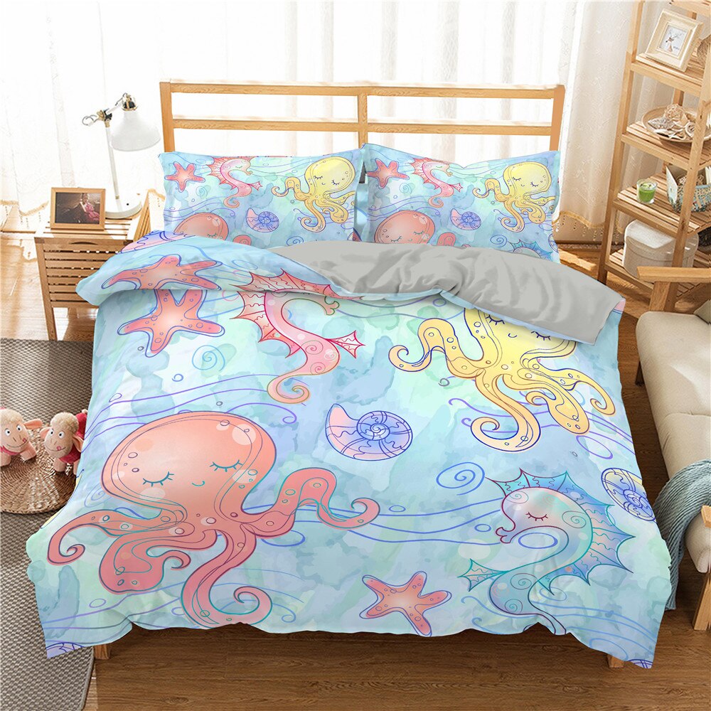 3D Cartoon Sea Word Bedding Set Girl Boy Kid Duvet Cover Set Dolphin Pillowcases Bedding Set