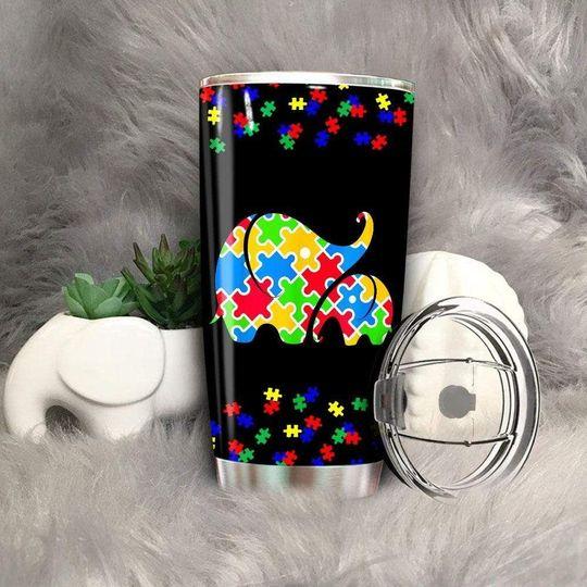 Personalized Autism Awareness Elephant Puzzle Pieces Stainless Steel Skinny Tumbler Bulk, Double Wall Vacuum Slim Water Tumbler Cup With Lid, Reusable Metal Travel Coffee Mug