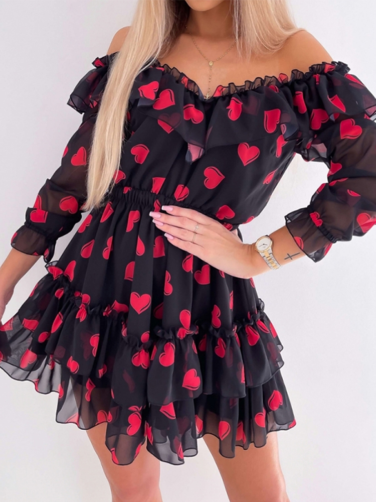 Women Off Shoulder Ruffles Flower Print Dress 2022 Autumn Long Sleeve Elegant Party Dress Female Chiffon Beach Holiday Vestidos alx