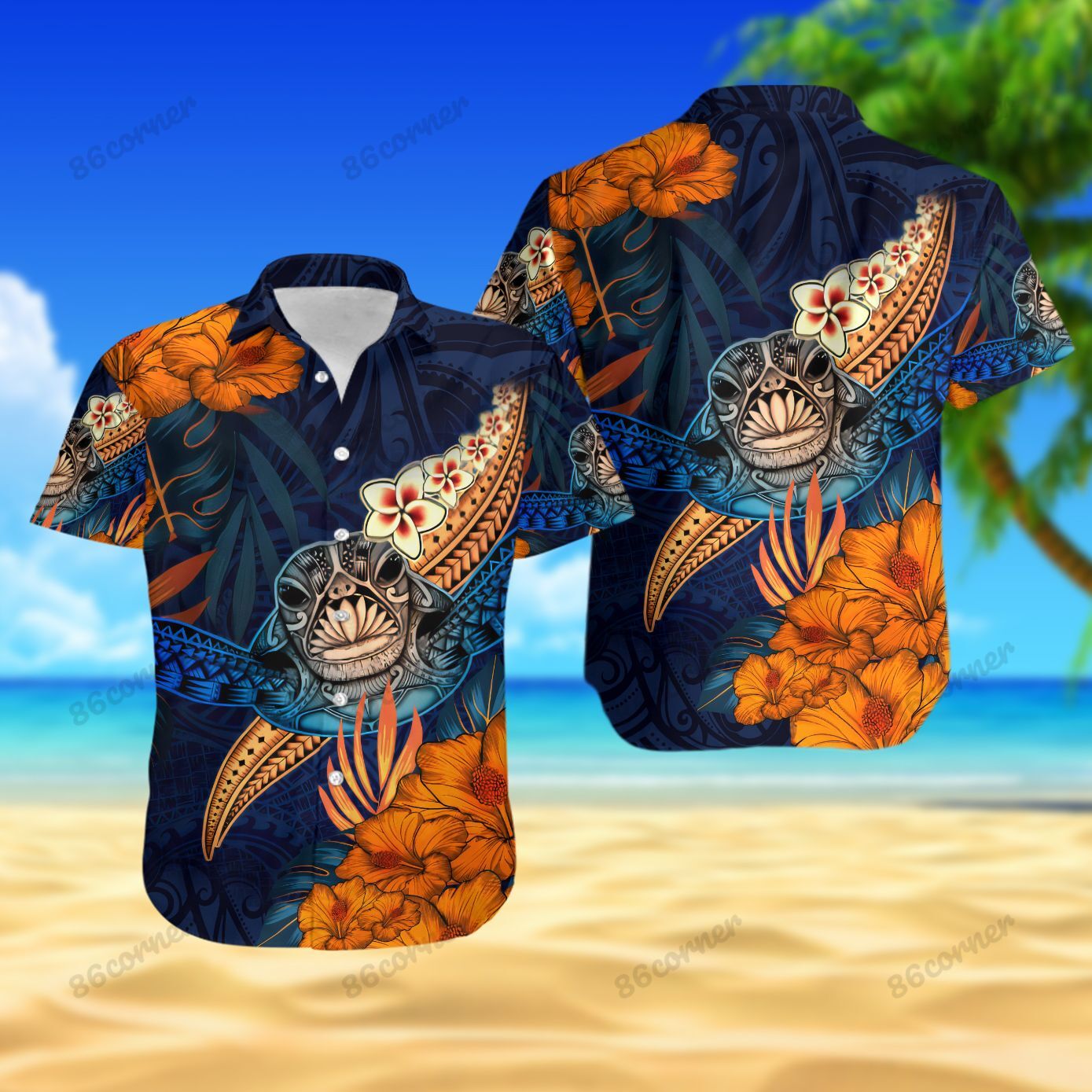 Turtle Orange Blue Hibiscus Hawaiian Shirt And Short Set Ha79506