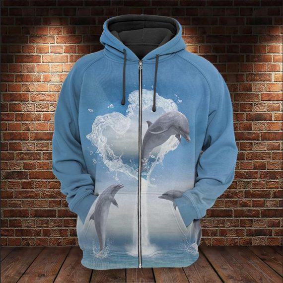 Heart Of Dolphins Ocean All Over Print For Dolphin Lovers Us Unisex Size Zip Up Hoodie