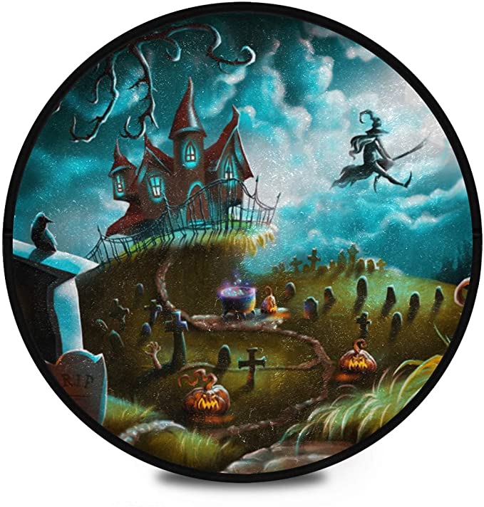 Halloween Shaggy Round Mat Halloween Pumpkin Full Moon Bedroom Carpet For Kids Kitchen Room Anti-Slip Rug Room Carpets Play Mat