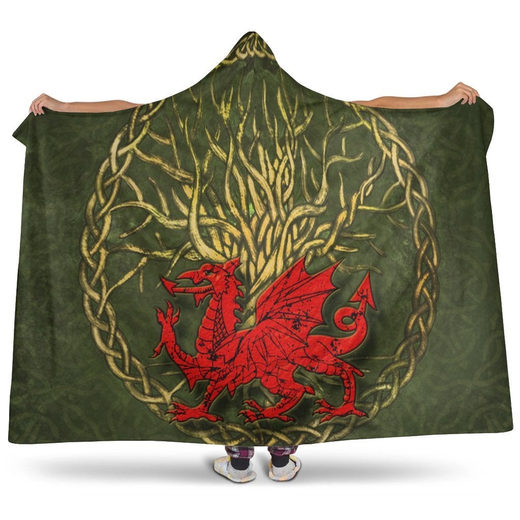 Wales Celtic Hooded Blanket- Welsh Dragon With Celtic Tree