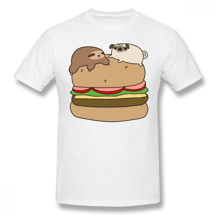Sloth Pug And Hamburger Man Cool T-Shirt Short Sleeve Round Neck Tees Plus Size S-6Xl