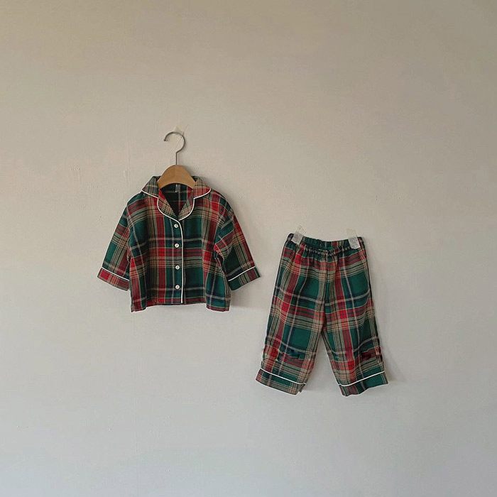 Spring Girl Turndown Collar Pajama Set.Toddler Kids Christmas Green Plaid Pyjamas Set Sleepwear Nightwear.Children Clothing 11T alx