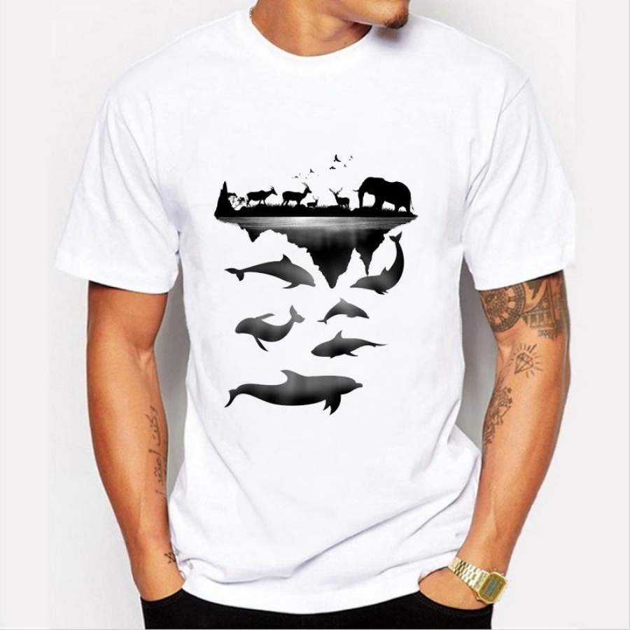 Fashion Men ‘S New T – Shirt Animal World Pattern Printed Short – Sleeved Round Neck White Couple T – Shirt