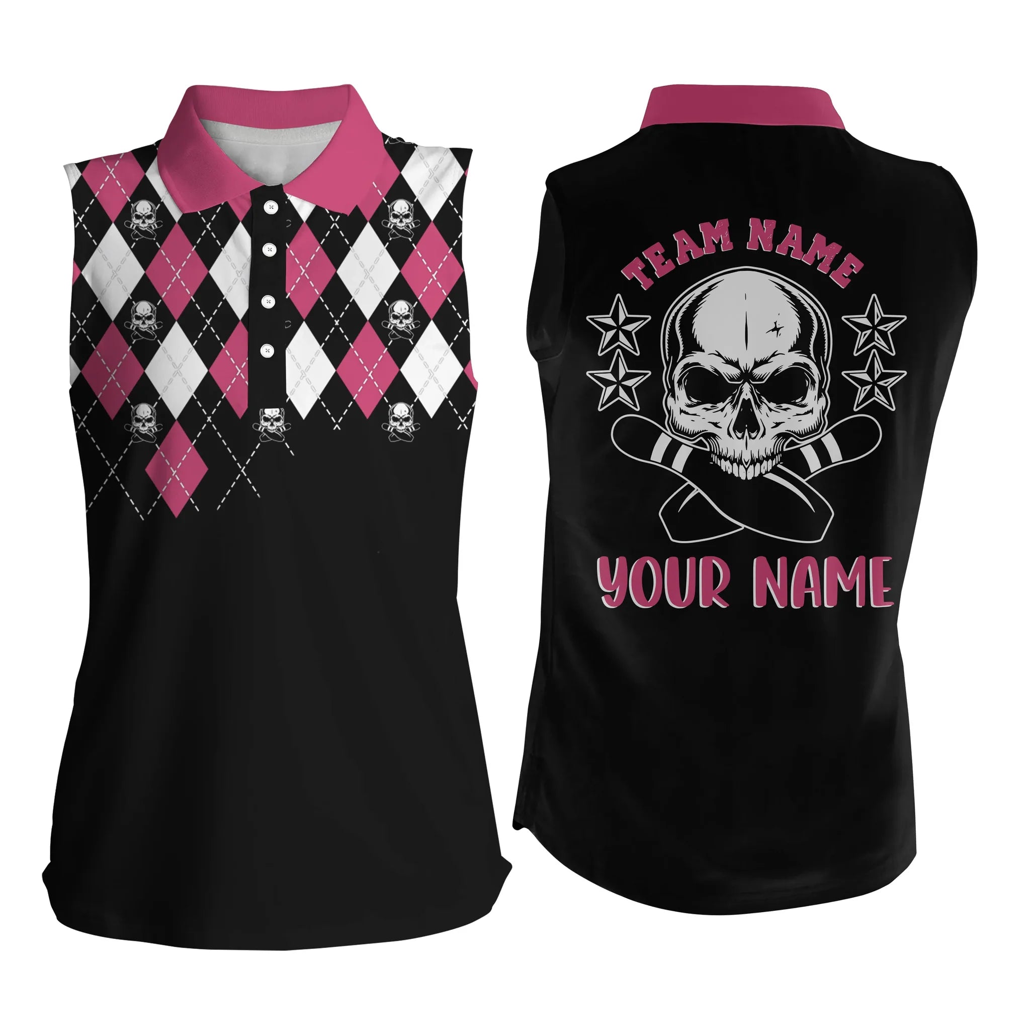 Black Pink Bowling Skull Custom Name Bowling Sleeveless Polo Shirt For Women, Bowling Team Polo Shirt