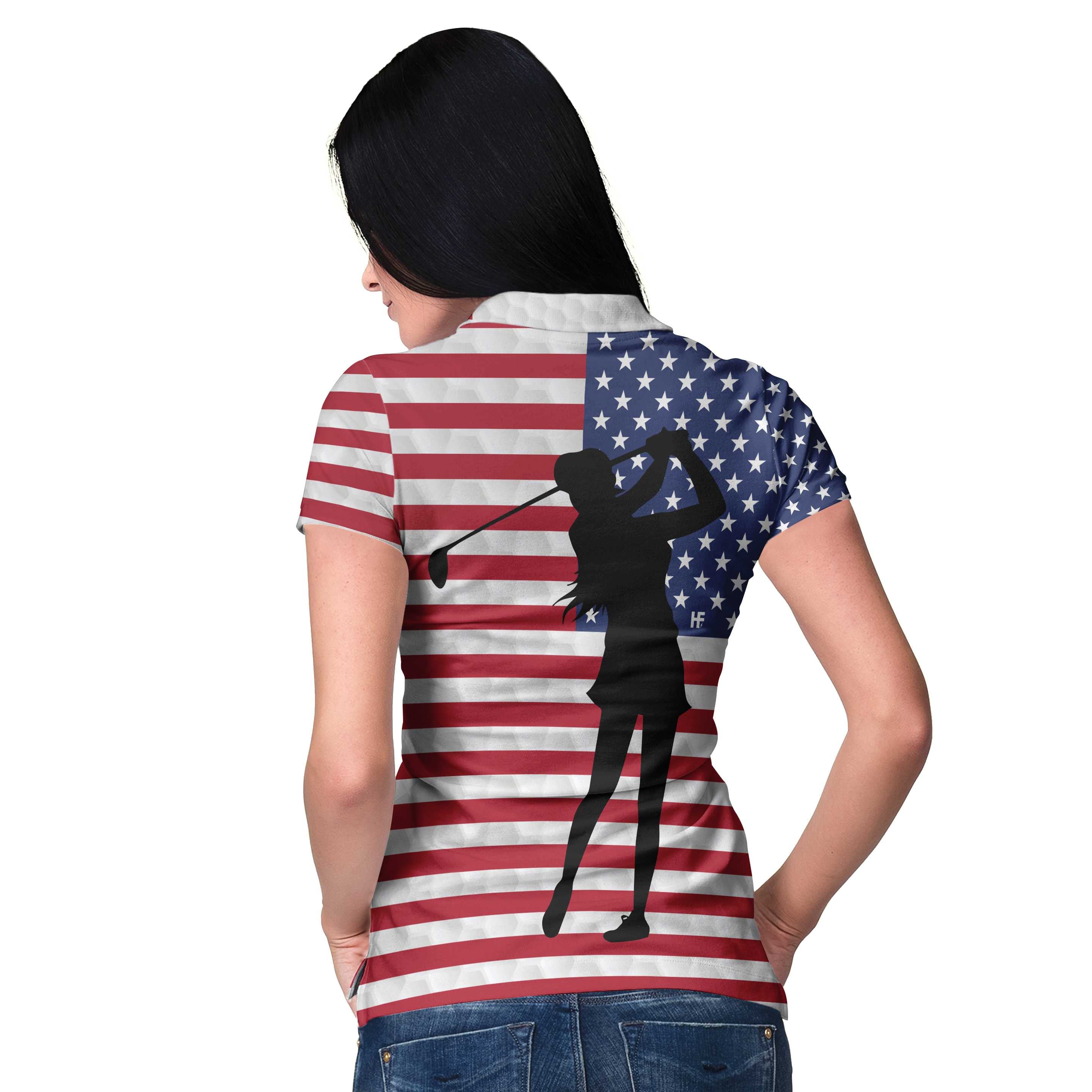 Premium American Golfer Female Version Short Sleeve Women Polo Shirt, American Flag Golf Shirt For Ladies, Cool Female Golf Gift Coolspod