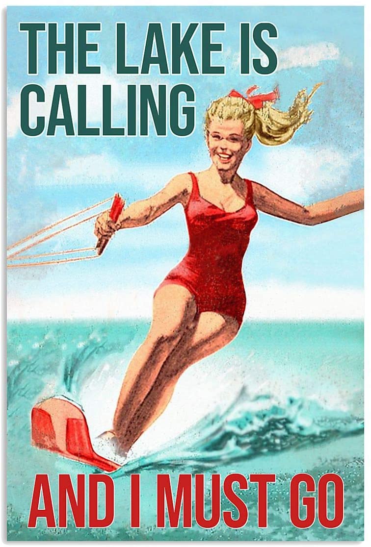 Vintage Waterskiing The Lake Is Calling Must Go Poster Art Print      Home Decor Gift For Family Friend On Birthday