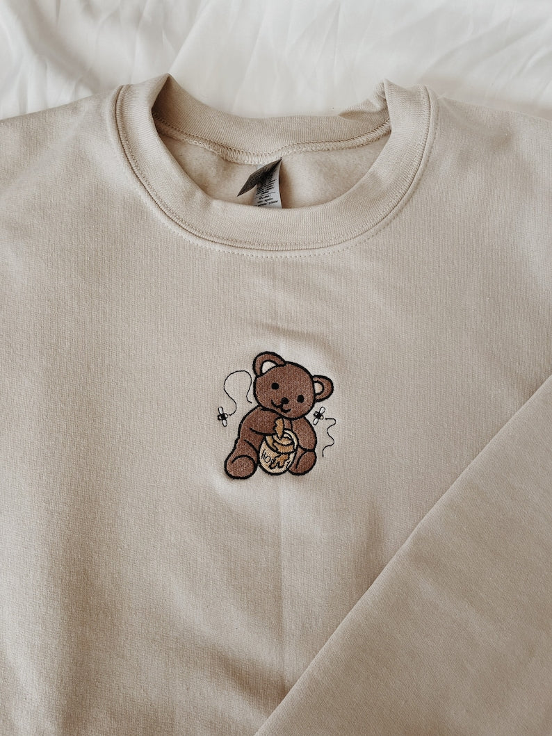 Honey Bear Embroidered Sweatshirt 2D Crewneck Sweatshirt All Over Print Sweatshirt For Women Sweatshirt For Men Sws2672