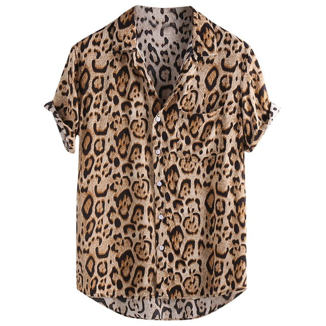 Blouse Shirt Men Summer Leopard Short Sleeve With Pocket Print Hawaii Casual Ha20872