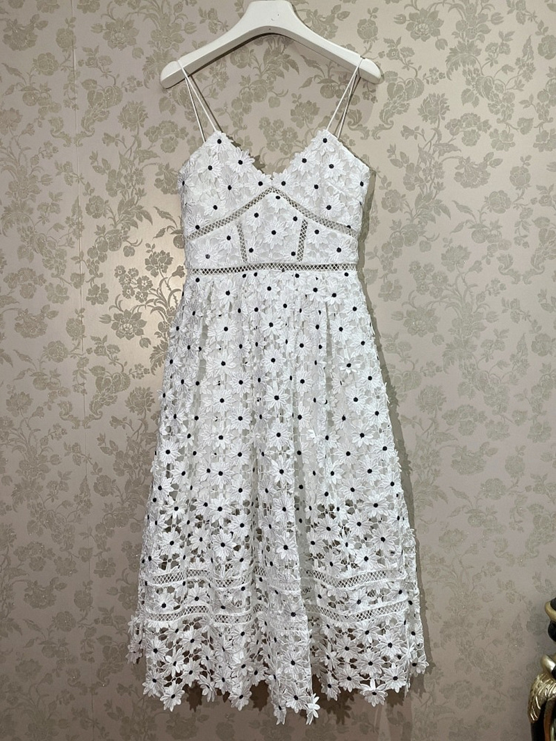 2022 Summer Women White Sexy Lace Dress Flower Embroidery Black Dots Midi Dress Party Night Evening Long Vestidos Female alx