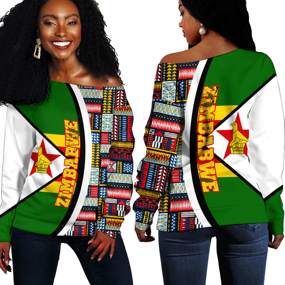 Africazone Clothing – Zimbabwe Flag And Kente Pattern Special Women’S Off Shoulder Sweaters A35