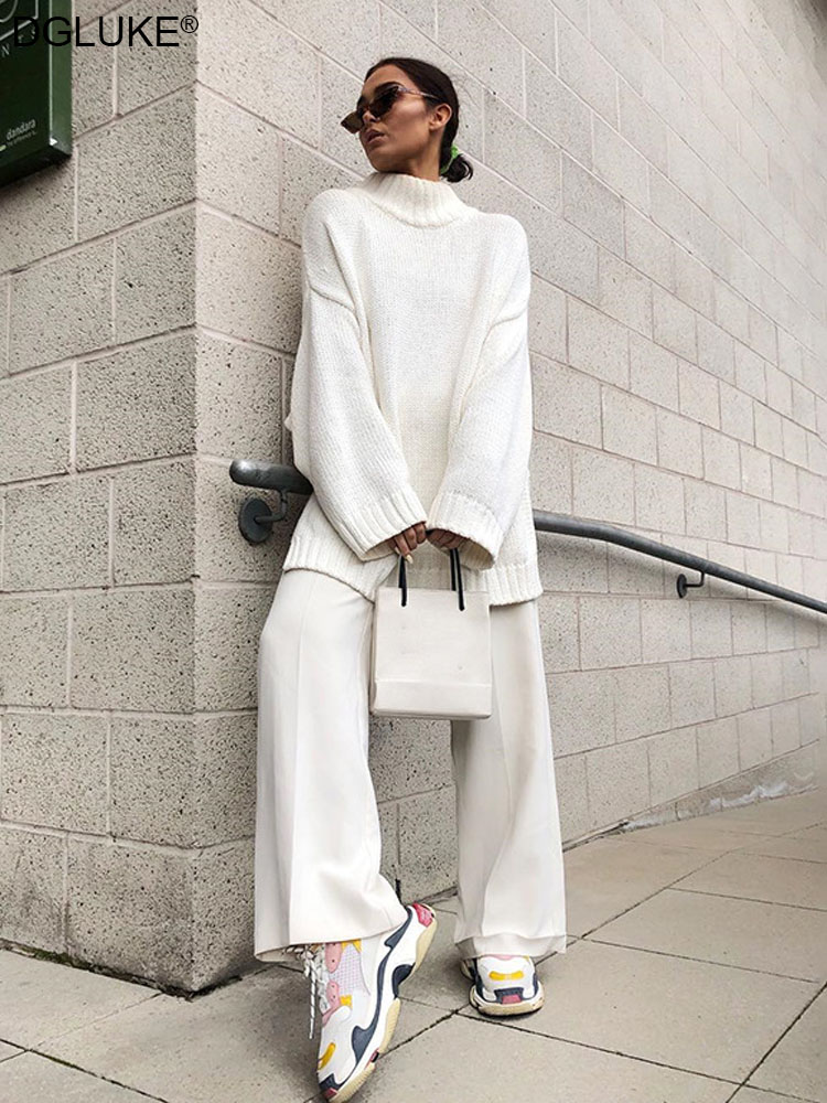 White Turtleneck Sweater Women Korean Streetwear Long Oversized Sweater With Slit Fashion Loose Knitted Pullover Jumper alx