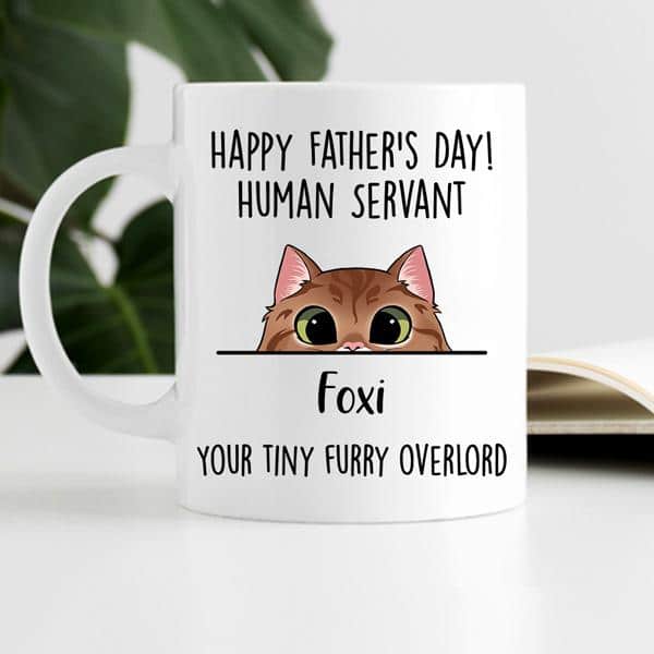 Happy Father’S Day Furry Overlord Mugs, Funny Custom Photo Coffee Mug, Personalized Gift For Cat Lovers