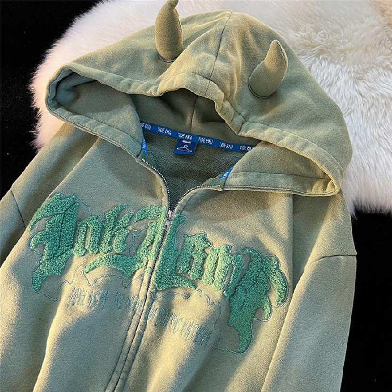 Zipper Hoodie Cute Horn Letter Embroidery Hooded Cardigan Street Sports Sweater Men and Women Retro Oversized Jacket Y2K Autumn alx