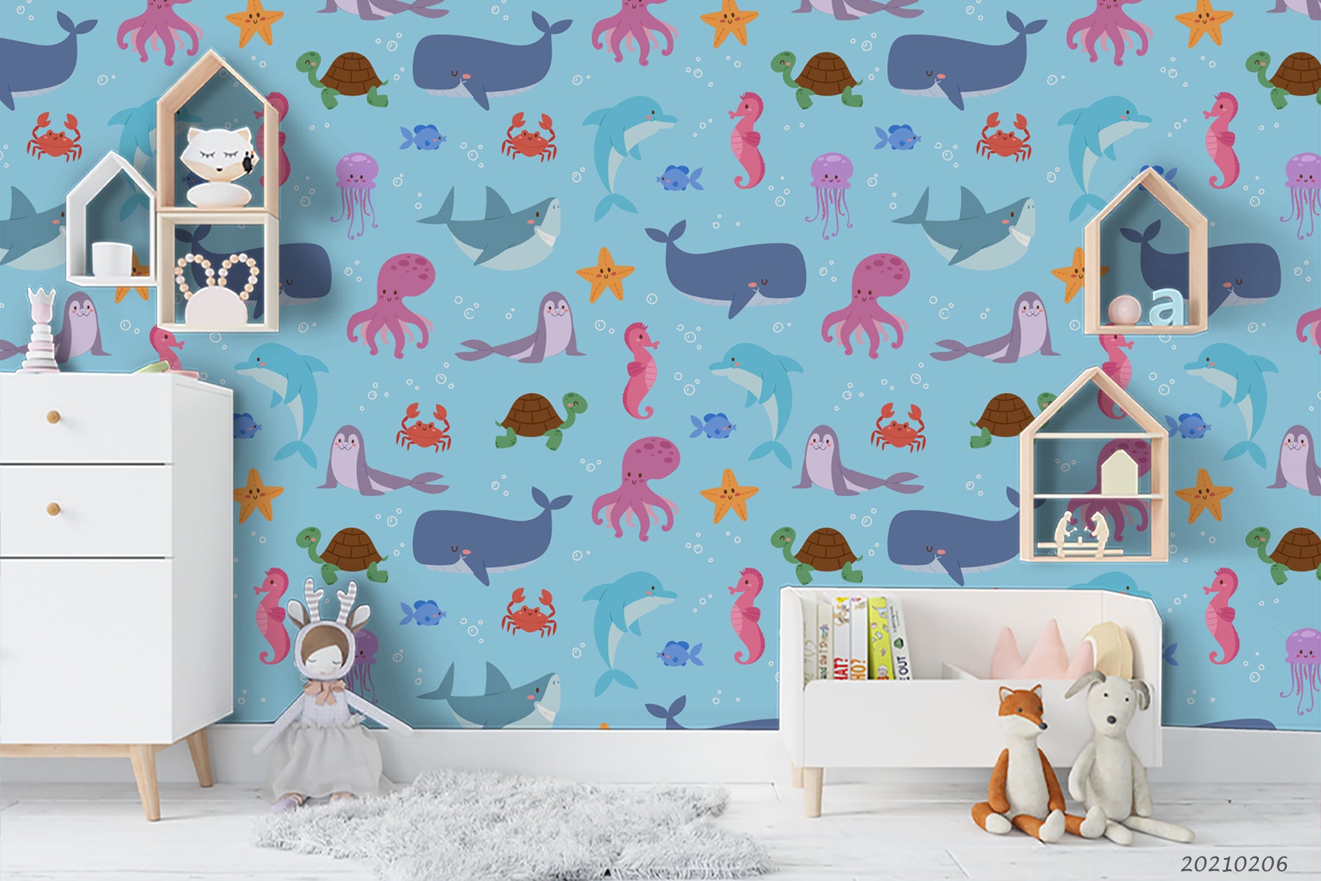 3D Cartoon Animal Blue Ocean Creature Wall Mural Wallpaper Lqh 286