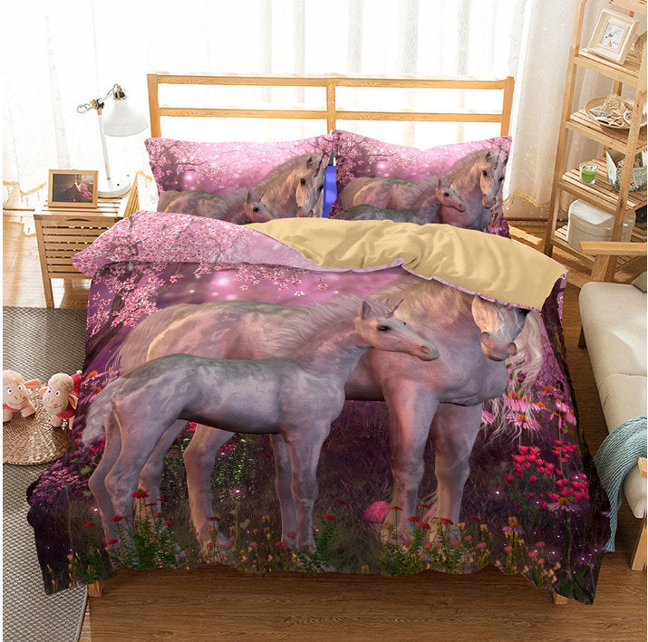 3D Cartoon Kids Pink Flower Unicorn Bedding Set Quilt Duvet Cover ,Pillowcases Personalized  Bedding,Queen, King ,Full, Double 3 Pcs