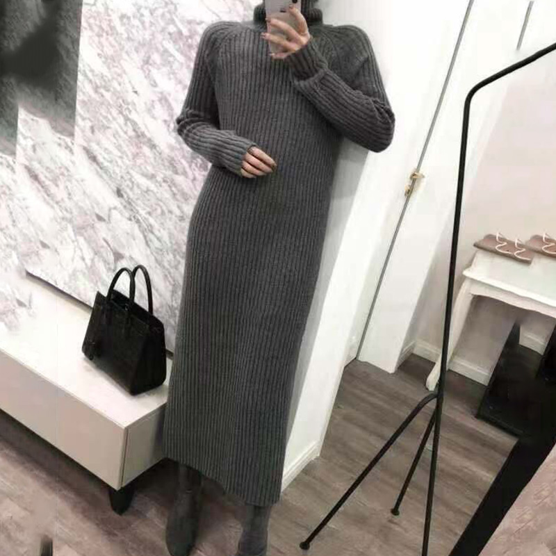 Turtleneck knitted sweater dress ladies fall winter elastic cashmere bottoming shirt midlength over the knee thick sweater dress alx