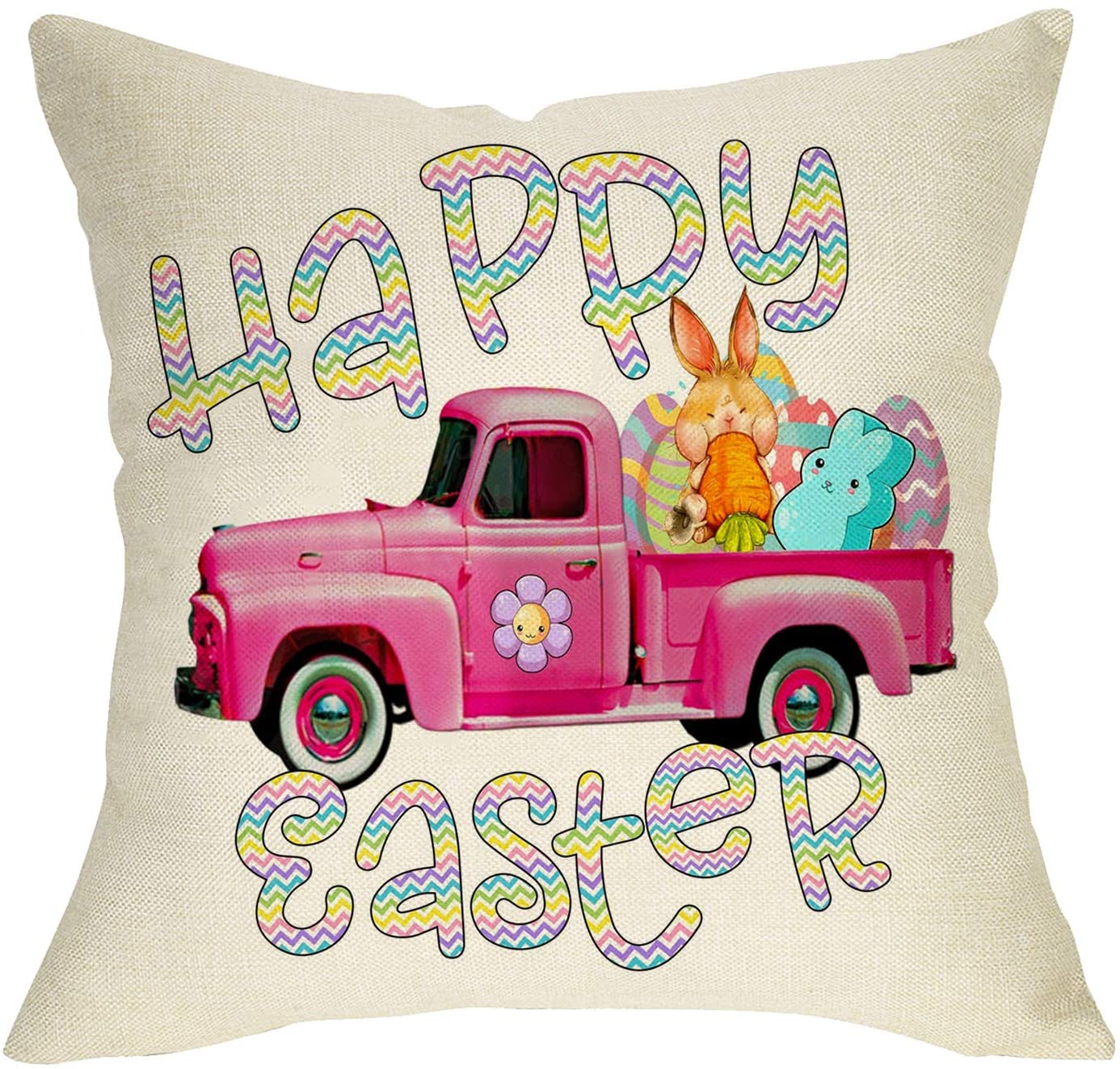 Softxpp Happy Easter Decorative Throw Pillow Cover, Pink Truck Bunny Sign Cushion Case, Spring Home Egg Rabbit Decorations Cotton Linen Square Outside Pillowcase Holiday Decor For Sofa Couch