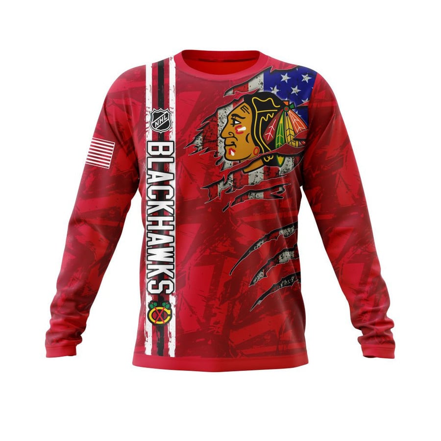 Chicago Blackhawks Custom Name Number Red American Flag Scratch Gift For Fan Ugly Wool Sweater Christmas