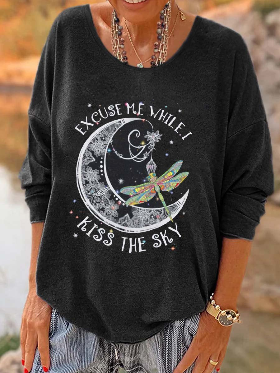Women Excuse Me While I Kiss The Sky Hippie Printed Long Sleeve T-Shirt