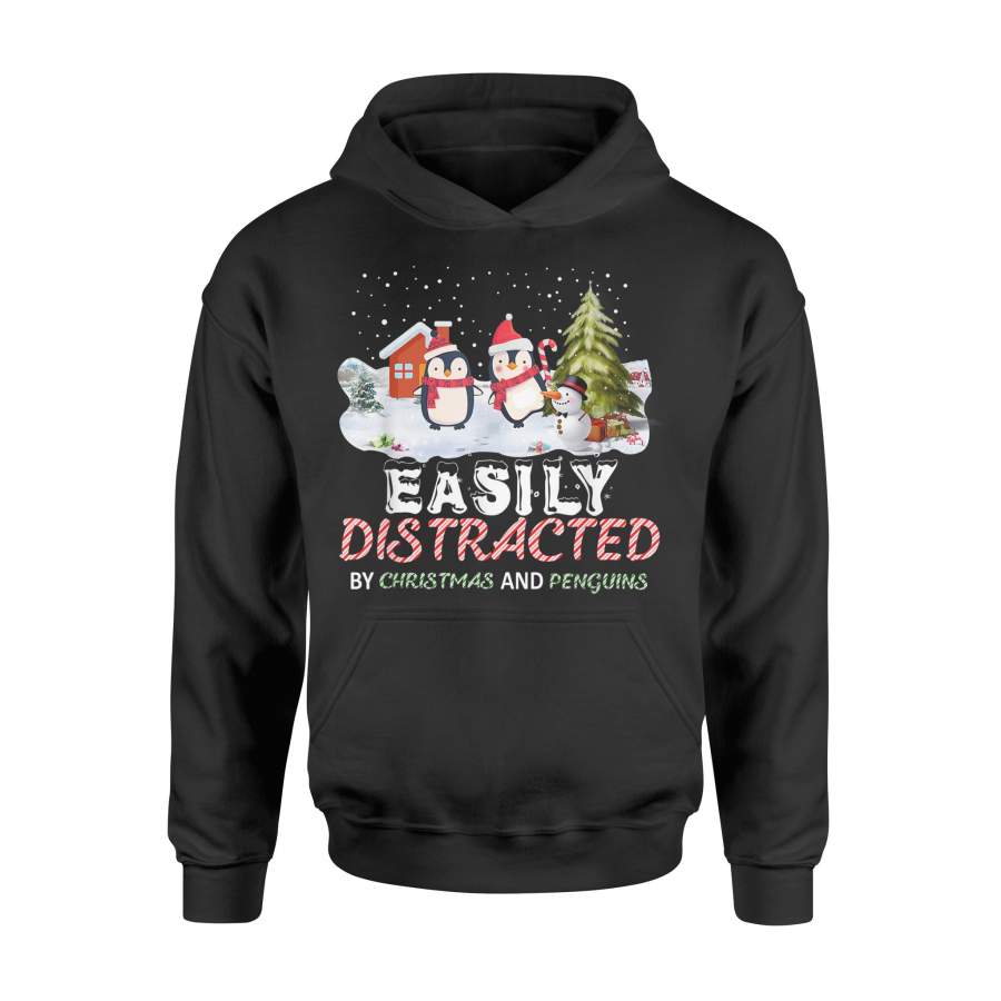 Easily Distracted By Christmas and Penguins Funny Xmas Gift T-Shirt – Standard Hoodie