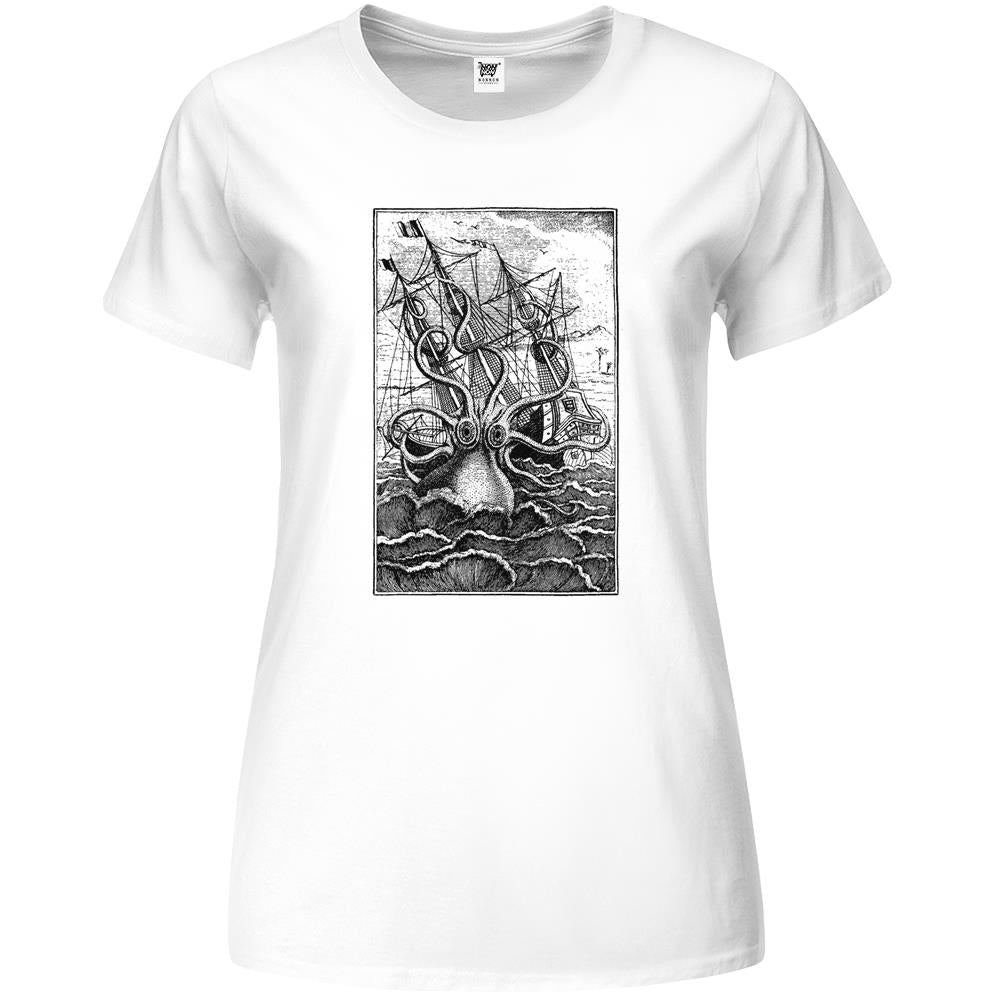 Vintage Kraken Attacking Ship Illustration Premium Womens T Shirts