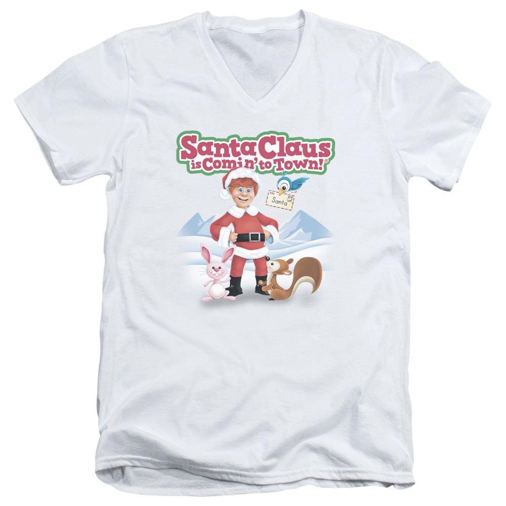 Santa Claus Is Comin To Town Animal Friends Mens Slim Fit V-Neck T Shirt White