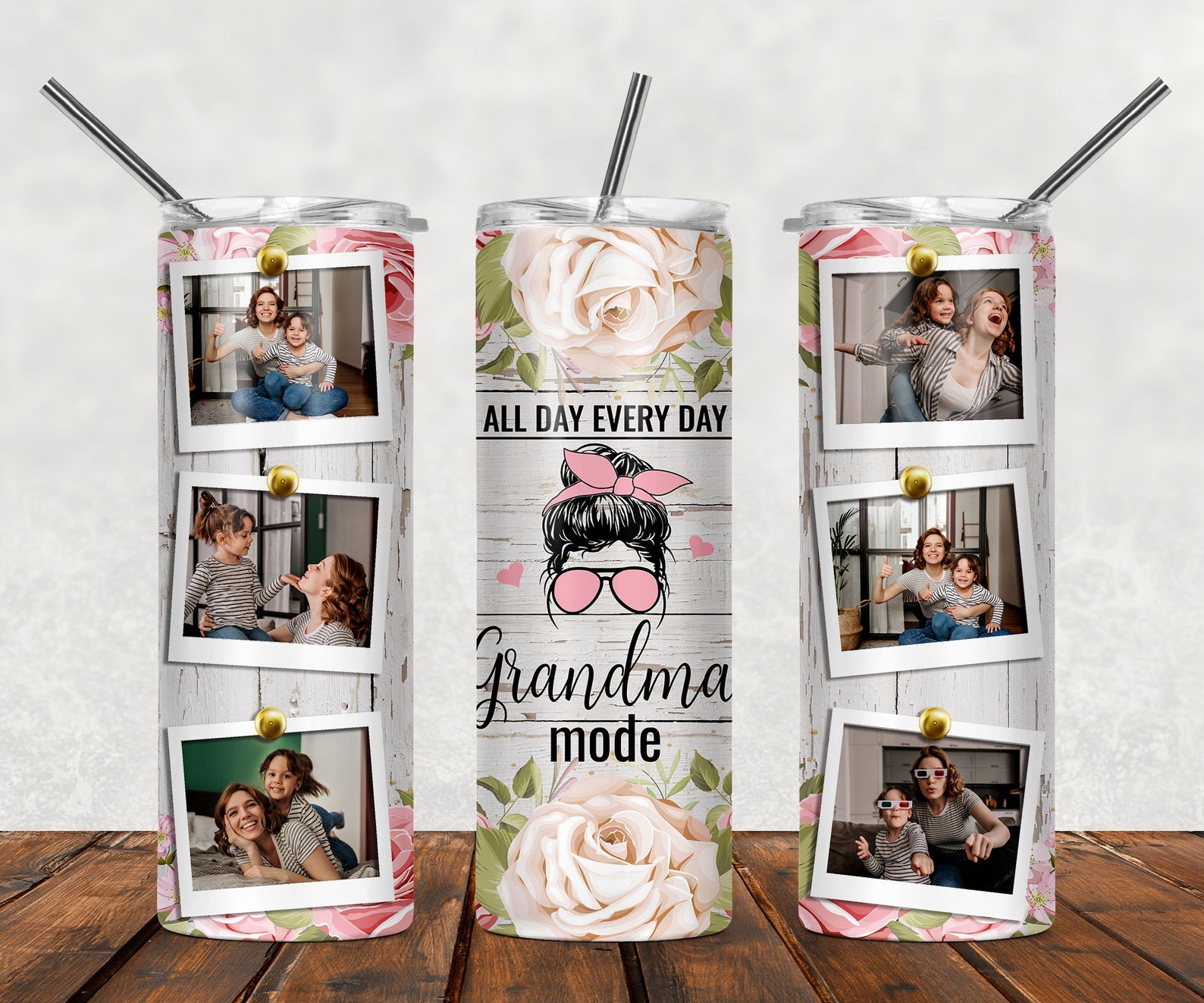 All Day Every Day Grandma Mode Personalized Photo 20Oz Skinny Tumbler, Gift For Mom Family Photo Tumbler, 6 Pictures Custom Skinny Tumbler