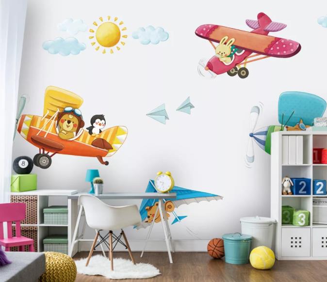 3D Cartoon Animal Plane Wall Mural Wallpaper 52