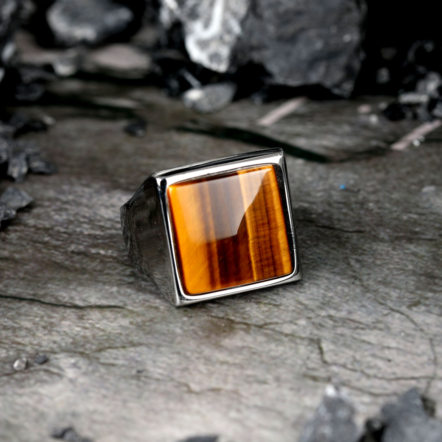 Vintage Stainless Steel With Brown Tiger Eye Stone Ring For Men Women Turkish Handmade Simple Statement Ring Retro alx