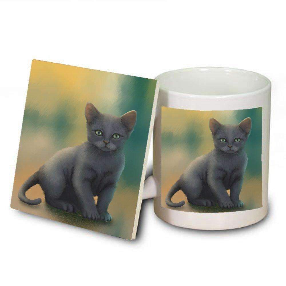 Russian Blue Kitten Cat Mug And Coaster Set