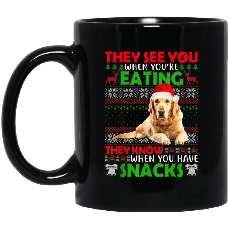 Ugly Sweater Golden Retriever They See You Eating Christmas  11 oz 15 oz Mug Black