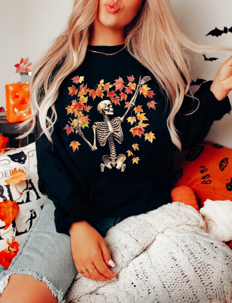 Fall Sweatshirt, Skeleton Sweatshirt, Halloween Crewneck Sweatshirt All Over Print Sweatshirt For Women Sweatshirt For Men