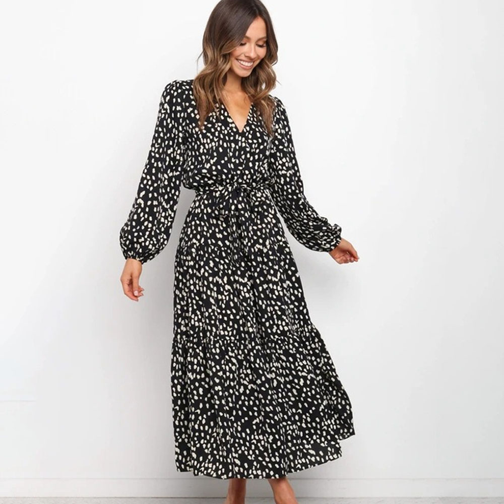 Autumn Leopard Print Loose Big Hem Maxi Dresses Women 2021 Casual V-neck Long Sleeve Sashes Ruffles Dress Woman Boho Long Dress alx