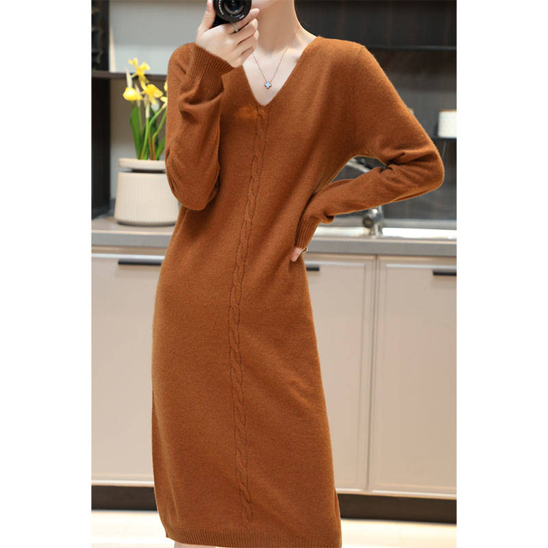 V-Neck Soft Women Cashmere And Wool Sweaters 2022 New Arrival Menca Sheep Autumn/Winter Knitted Female Dresses alx