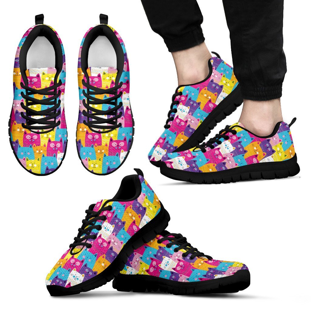 Colorful Kitten Cat Pattern Print Black Sneaker Shoes For Men Women