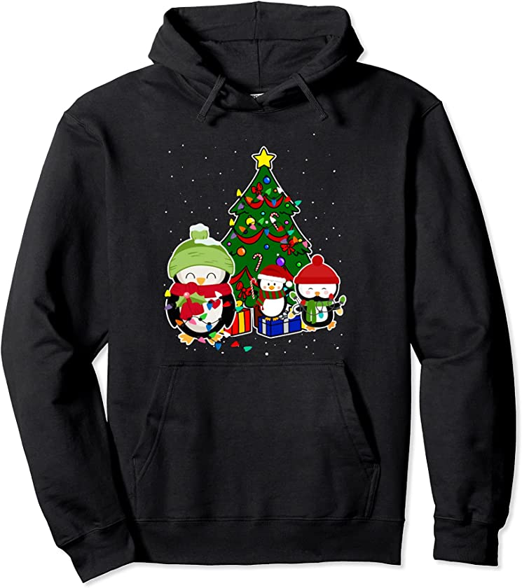 3 Three Penguins Costume Santa Cute Christmas Tree Lights Pullover Hoodie