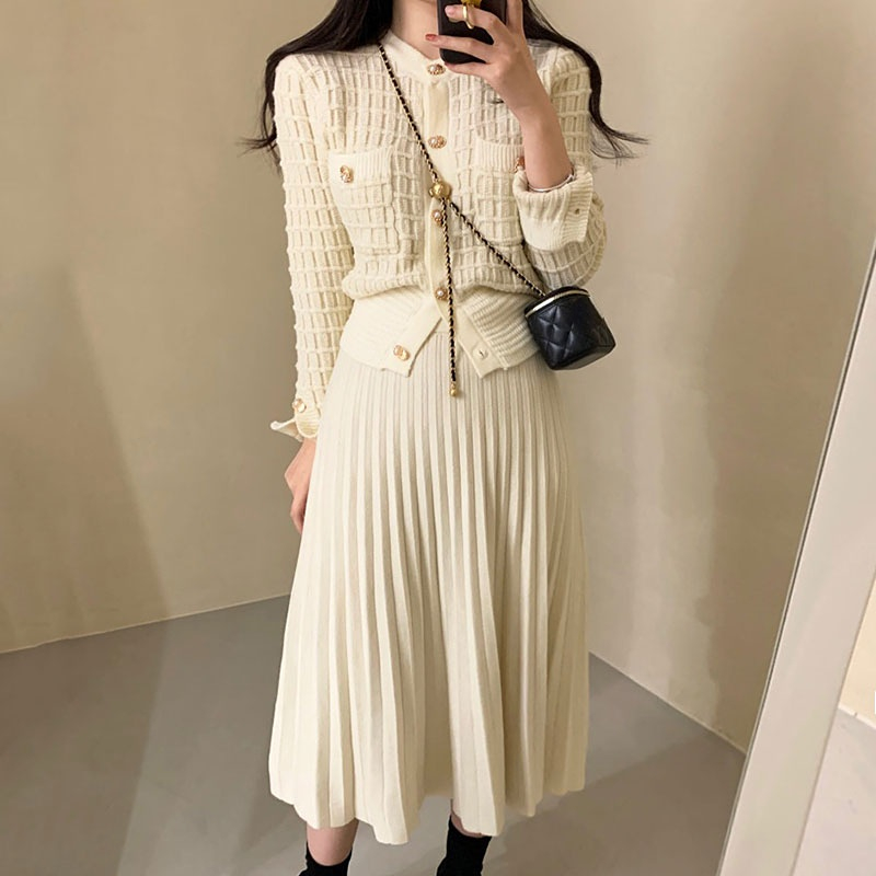 2022 Sweaters for Women Korea Elegant Clothes O Neck Plaid Cardigan Knit Jacket A Line Pleated Skirts Sets alx