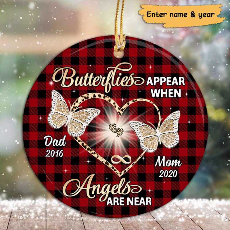 Butterfly Heart Leopard Checkered Memorial Personalized Circle Ornament