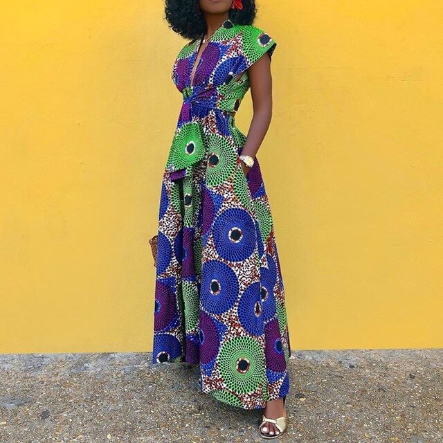 V-Neck Cap Sleeve A-Line African Print  Dress