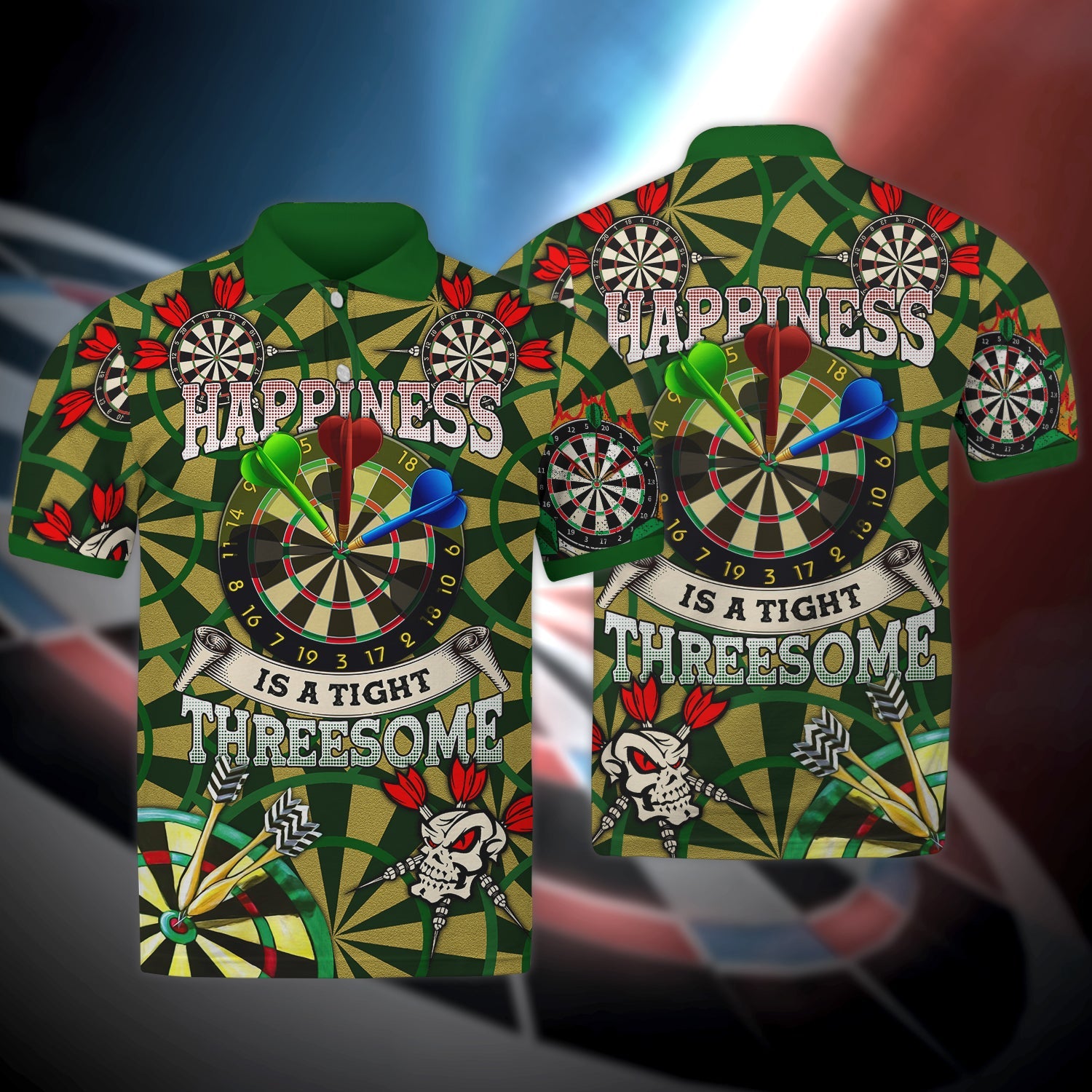 Happiness Is A Tight Threesome Darts Polo Shirt, 3D All Over Print Dart And Skull Shirt