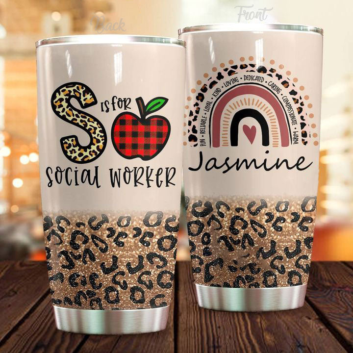 Personalized Travel Cup For Teacher Rainbow Leopard S Is For Social Worker 20Oz Tumbler Custom Name Back To School Gifts