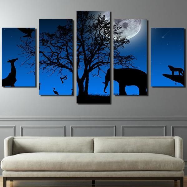 Peyzazh Derevo Vetki Krona Elephant Giraffe Animal 5 Panel Canvas Art Wall Decor