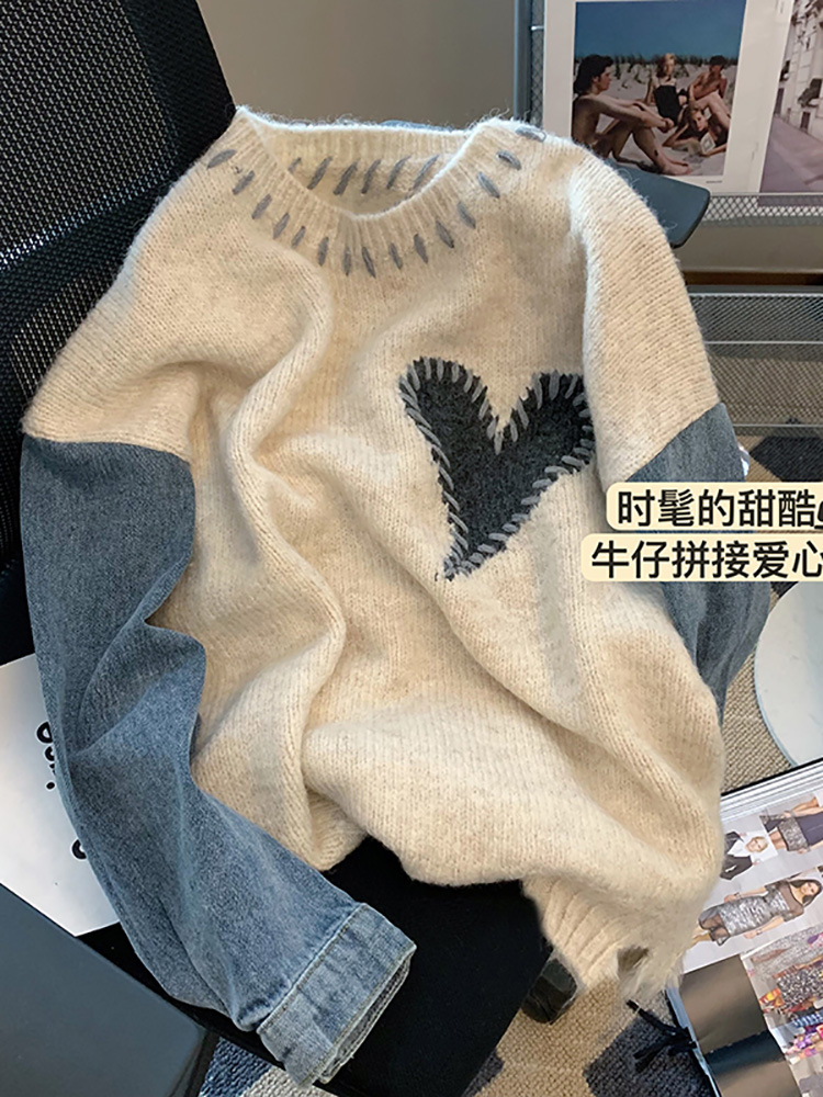 2022 Autumn Winter New Design Women Sweaters Long Sleeve Denim Stitching Knit Pullover Japanese Sweet Jumpers alx